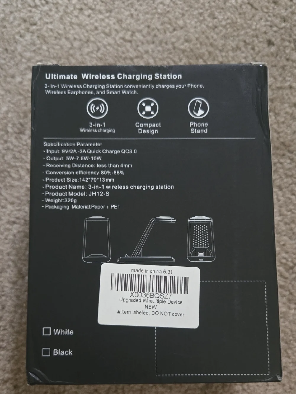 JH12-S 3-in-1 Wireless Charging Station - Black